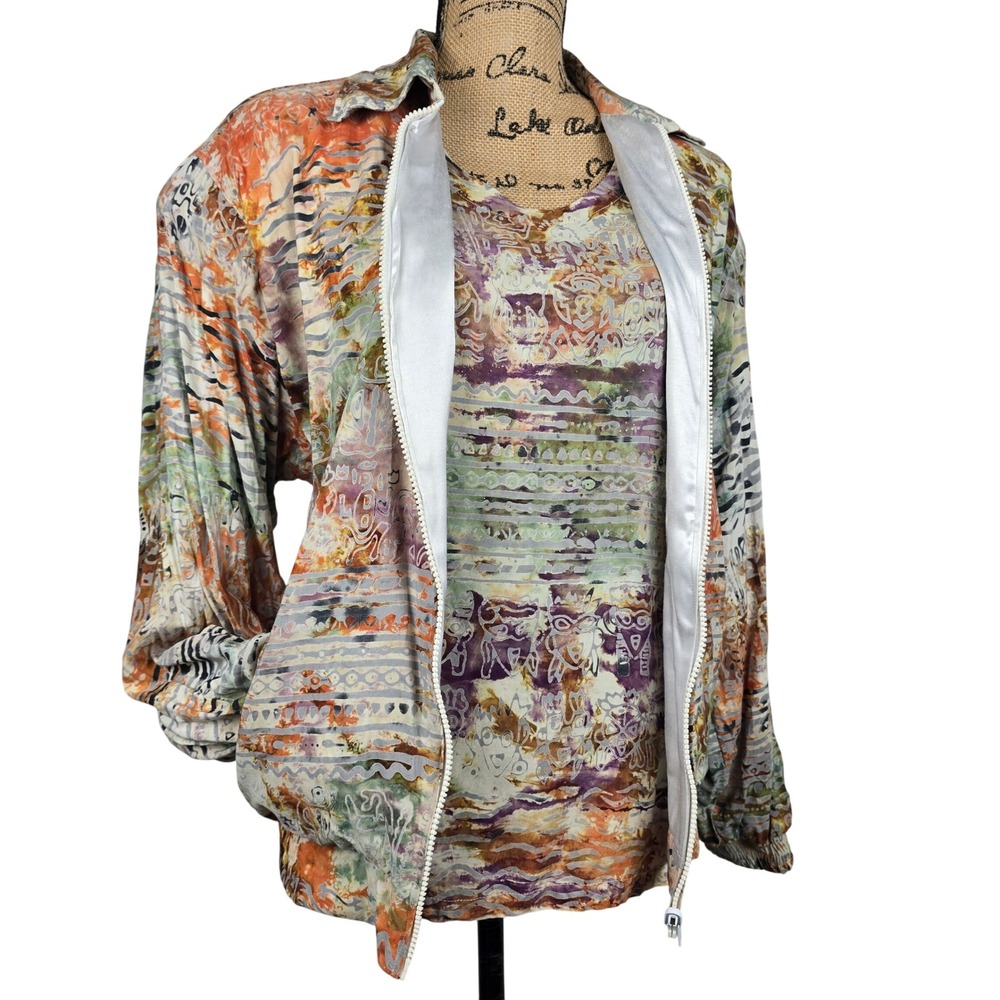 Vintage Globetrotter Rayon Batik Tribal Print Zip Up Bomber Jacket &‎ Top Small